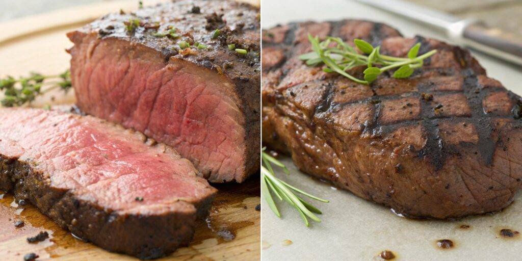 A dry, overcooked venison steak compared to a juicy, perfectly cooked one, highlighting differences in texture and moisture