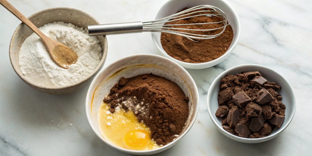 Brownie ingredients—flour, cocoa powder, and melted butter—on a marble countertop, with a bowl of brownie batter and three sample brownies labeled fudgy, chewy, and cakey