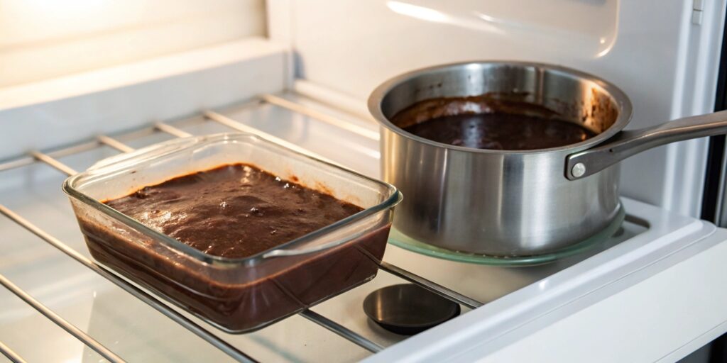 A container of stored chocolate gravy next to a saucepan, demonstrating reheating methods.