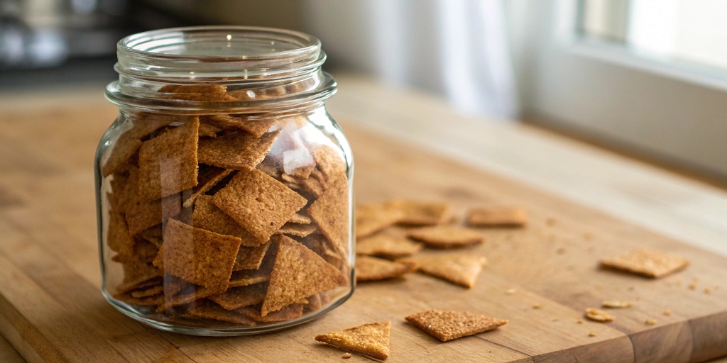 Homemade rye chips stored in a glass jar with a freshness label, placed on a wooden kitchen counter
