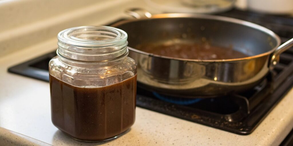 A jar of leftover chocolate gravy stored for later use, with a saucepan reheating some on the stove