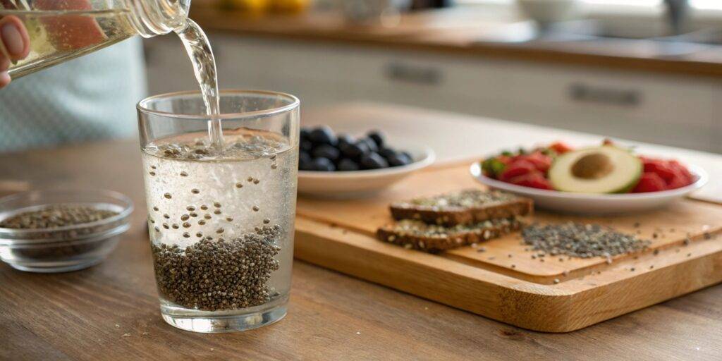 A glass of chia water with floating chia seeds, served with a slice of lemon and a sprig of mint on a wooden table.