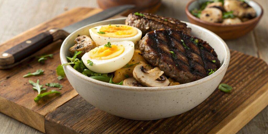 A high-protein burger bowl with double beef patties, fresh vegetables, and flavorful toppings