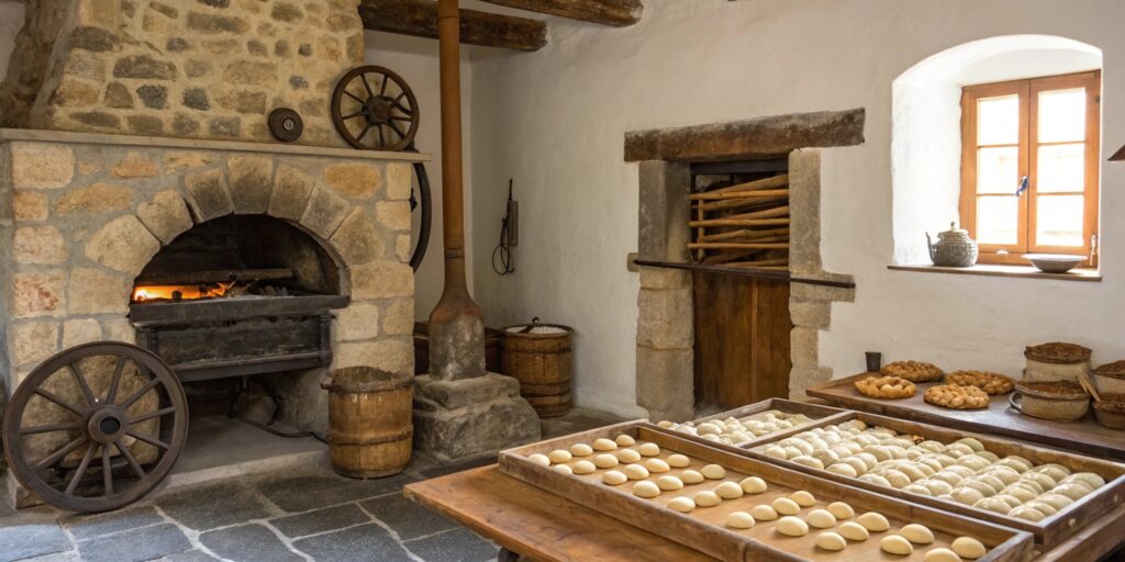 18th-century European bakery with Mandelgipfel and Kipferl displayed on a wooden counter, evoking traditional baking heritage.