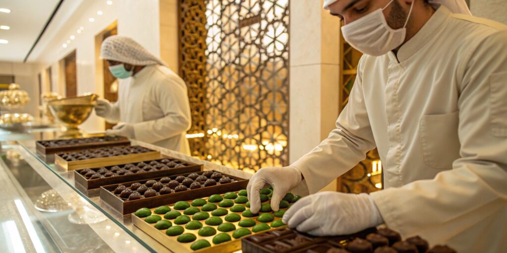 Traditional Middle Eastern chocolatiers crafting Dubai chocolates, filling molds with green pistachio cream in a luxury chocolate boutique.