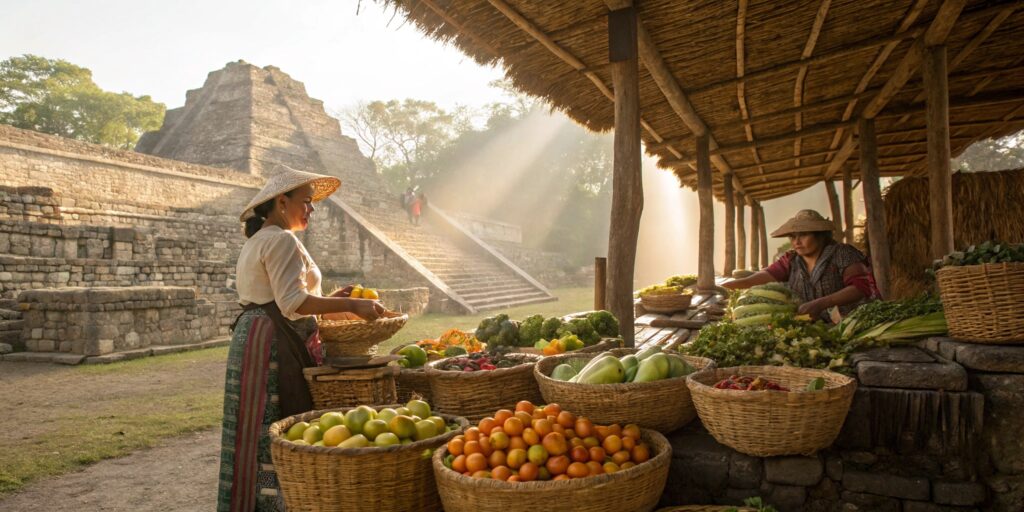 Mesoamerican market with farmers selling fresh calabacitos in woven baskets, highlighting the historical roots of this Mexican squash