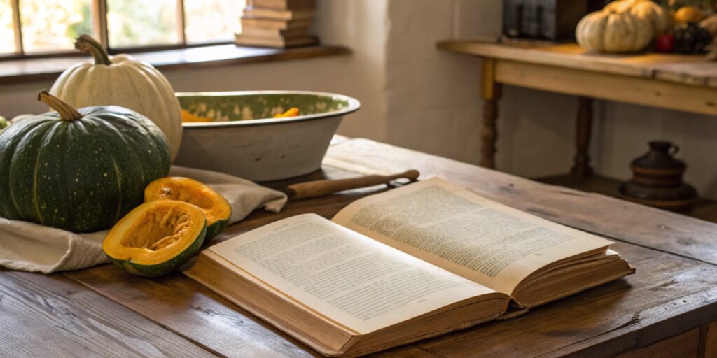 An open Spanish dictionary highlighting the word 'calabaza,' with calabacitas explained beside it. A rustic kitchen with fresh squashes represents the historical and culinary evolution of the term