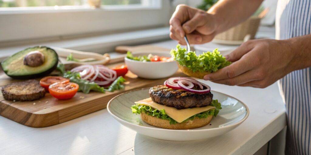 A home kitchen setting where a person is assembling a fresh and colorful burger bowl with various ingredients