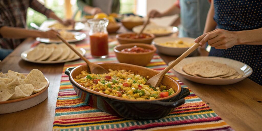 A large dish of Calabacitas served family-style at a dining table, with people scooping portions onto their plates with tortillas and rice