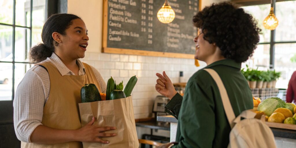 A lively café scene where two people discuss calabacitas, with one holding a grocery bag containing squash. A chalkboard menu in the background lists traditional Mexican dishes.