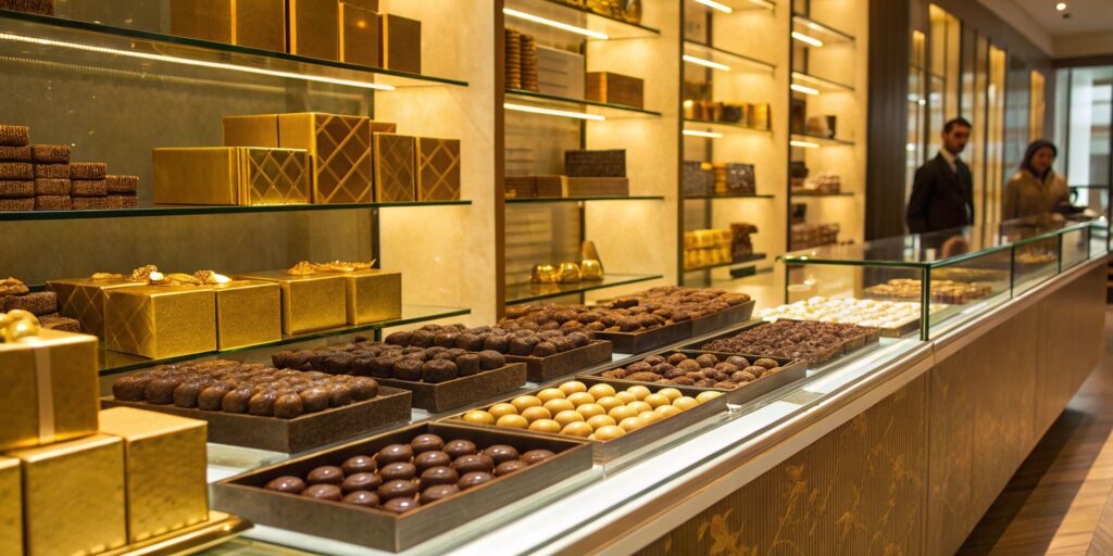 A high-end Dubai chocolate boutique with elegant displays of camel milk chocolates, saffron-infused pralines, and gold-dusted truffles, featuring luxurious packaging and a chocolatier explaining the flavors to a customer.