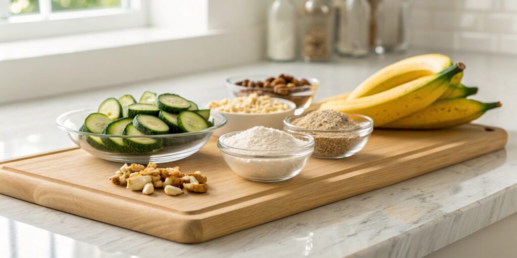 Sliced calabacitas on a wooden cutting board, surrounded by nutrient-rich ingredients like Vitamin C powder, nuts, and bananas, highlighting their nutritional benefits