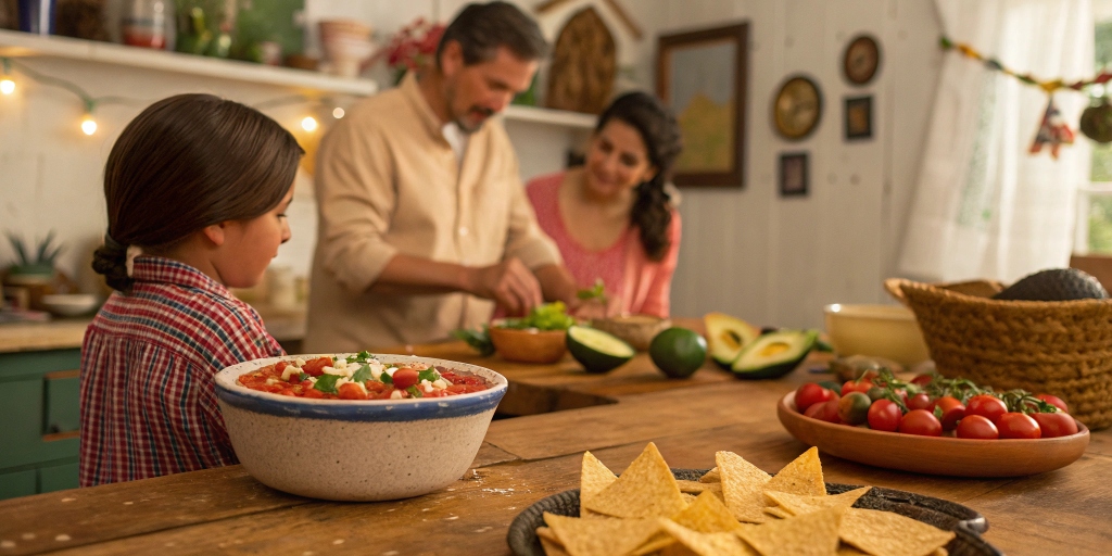 A classic homemade 7-layer taco dip served in a ceramic bowl, surrounded by tortilla chips and fresh ingredients, set in a cozy, vintage Mexican-style kitchen