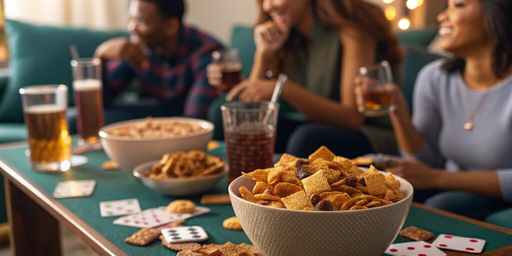 A bowl of Chex Mix served at a game night with drinks and playing cards