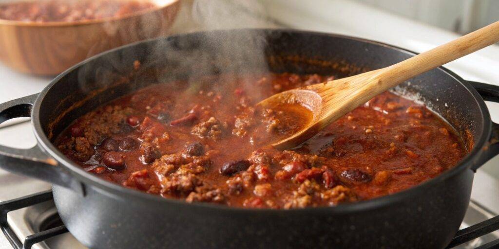 A pot of simmering venison chili with a deep red sauce, filled with rich flavors and hearty ingredients
