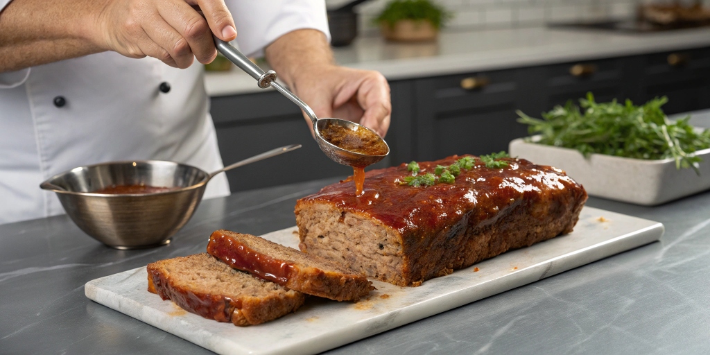 A chef presenting a meatloaf with ketchup and gravy, discussing topping choices.