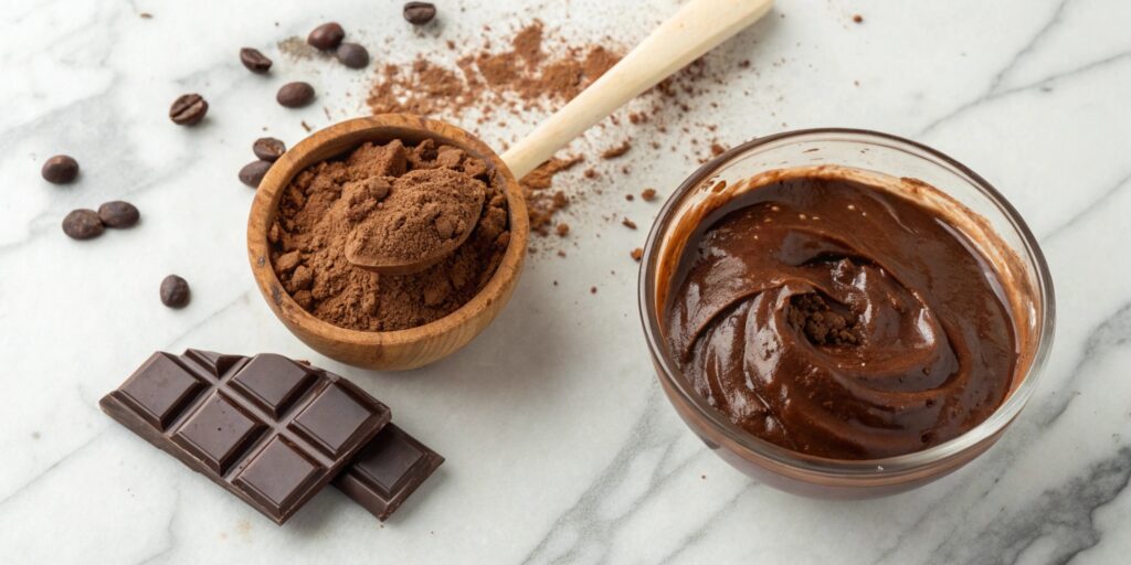 Cocoa powder and melted chocolate side by side, showing their texture differences on a marble surface.