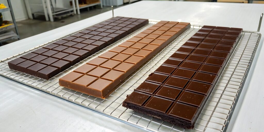 Comparison of Dubai chocolate, milk chocolate, and dark chocolate cooling on trays, highlighting different setting times in a professional kitchen