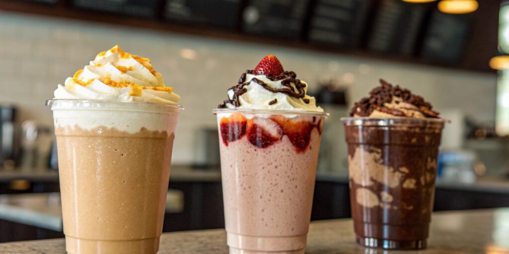 A comparison of three Frappuccinos with different ingredients, debunking common myths about coffee content and composition, set against a Starbucks counter
