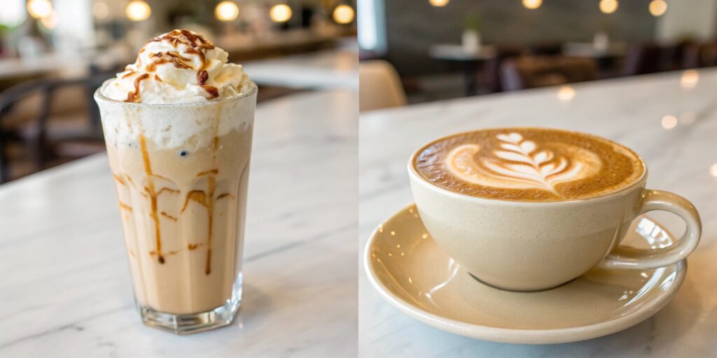 A tall glass of Frappuccino with whipped cream next to a hot latte in a ceramic cup, showing the difference between blended and hot coffee drinks