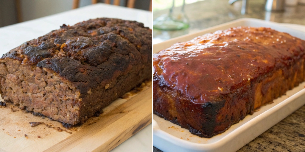 A comparison of two meatloaves: one with an overcooked, dried-out topping and another with a perfectly caramelized glaze, showing common mistakes when using ketchup alternatives on meatloaf.