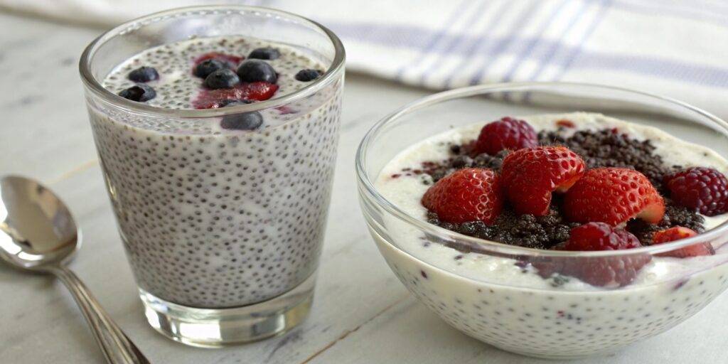 A side-by-side image of chia water and chia pudding, highlighting the difference in texture and consistency between the two.