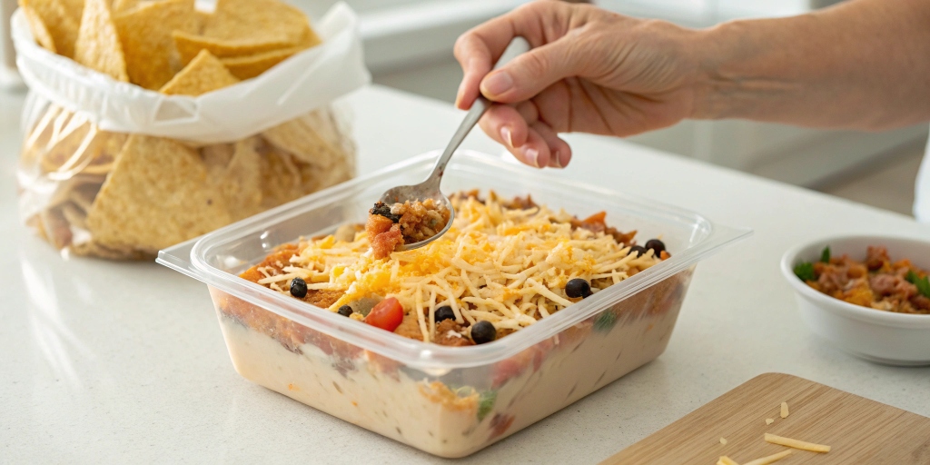 A store-bought taco dip in a plastic container, with shredded cheese being added to improve thickness, placed on a kitchen counter.