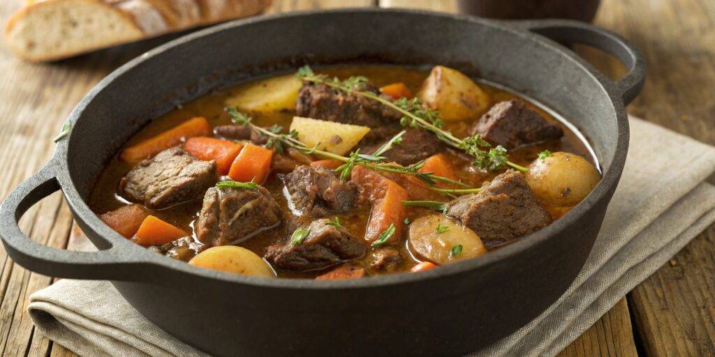 A slow-cooked venison stew in a Dutch oven, rich and hearty with tender meat and vegetables