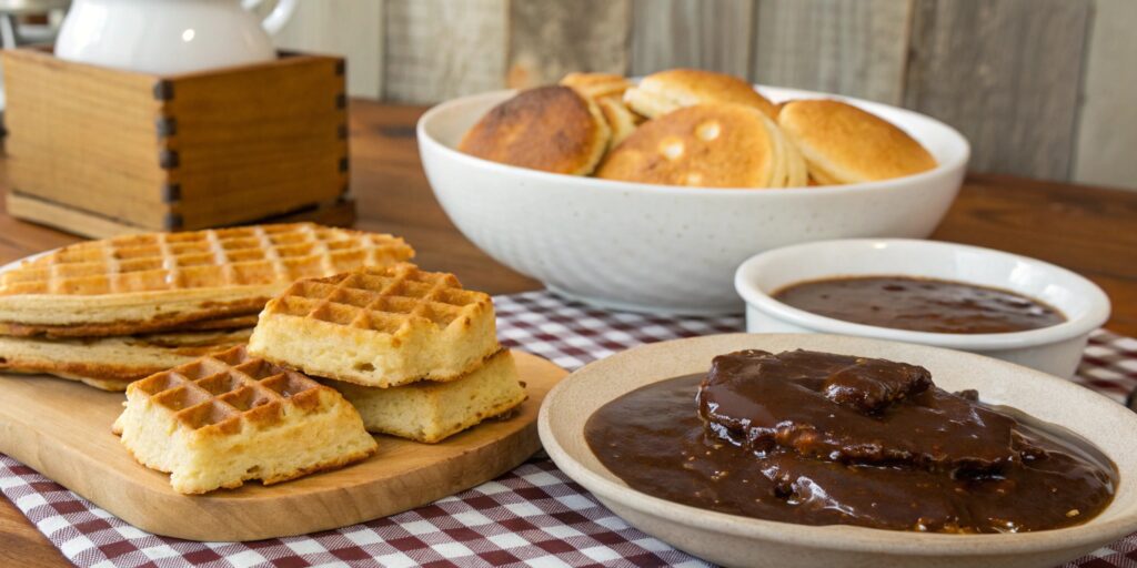 A Southern breakfast with chocolate gravy, biscuits, and waffles