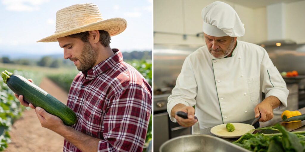 Farmer holding a fresh calabacita beside a chef cooking zucchini, illustrating common myths.
