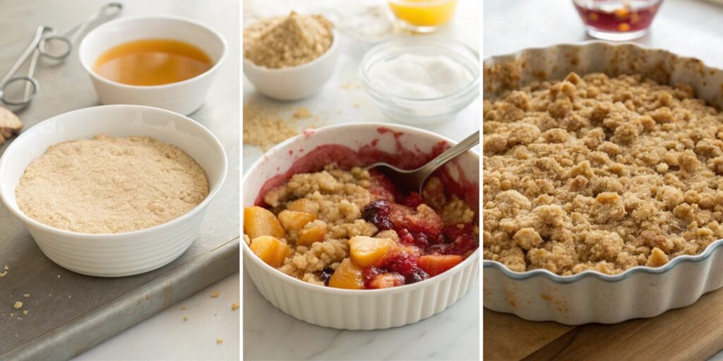 A visual guide for troubleshooting crumble issues, including runny, dry, and perfectly baked crumbles.
