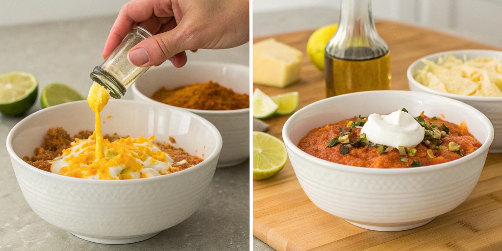 A side-by-side comparison of two taco dips—one too tangy and one too sweet—with a hand adjusting the flavor using lime juice, surrounded by seasonings like paprika and cumin.