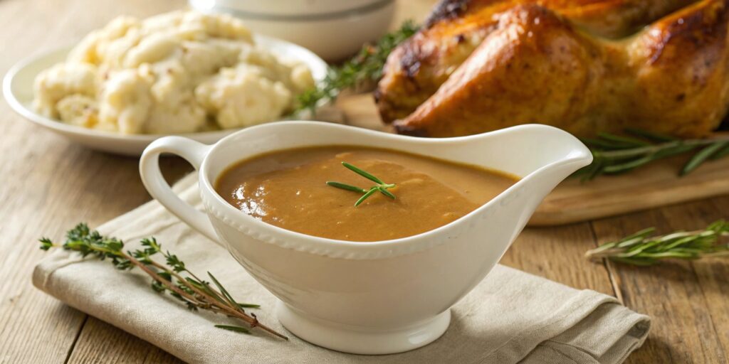 A steaming bowl of golden-brown gravy in a white ceramic gravy boat, surrounded by mashed potatoes and roasted turkey on a rustic table