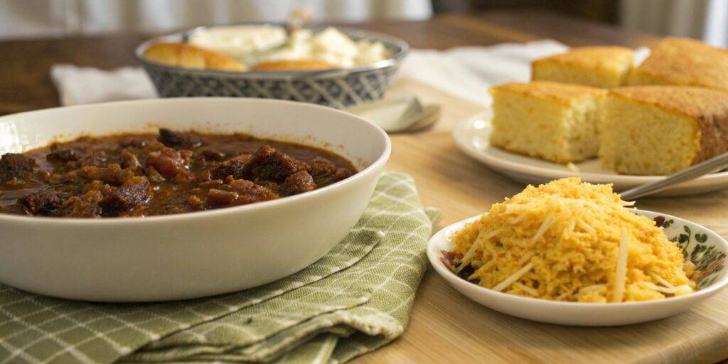 A table set with a bowl of venison chili, cornbread, and a beverage, creating a cozy and comforting meal scene