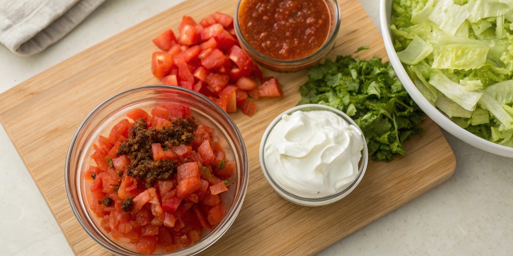 High-water content ingredients like tomatoes, lettuce, and salsa, displayed on a kitchen countertop with a taco dip bowl in the background