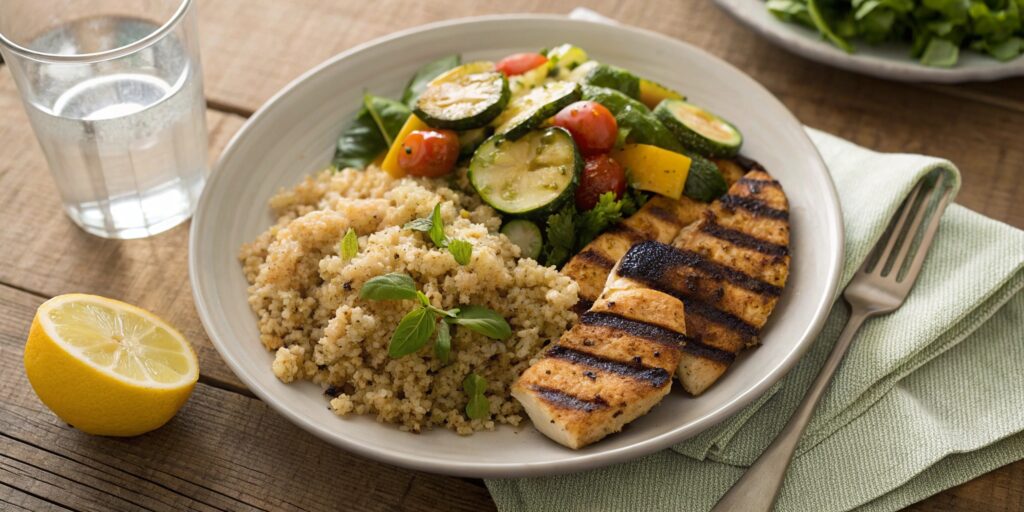 A nutritious meal featuring sautéed calabacitas, quinoa, grilled chicken, and fresh salad, showcasing their role in a healthy diet