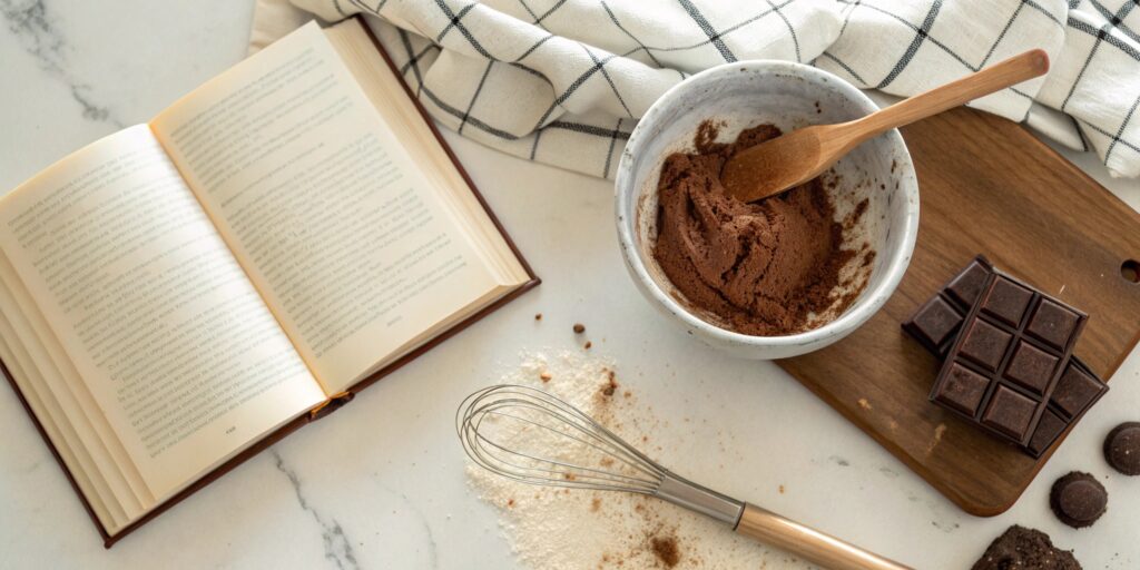 An open cookbook with brownie batter and ingredients on a wooden counter, showcasing Snoop Dogg’s love for baking