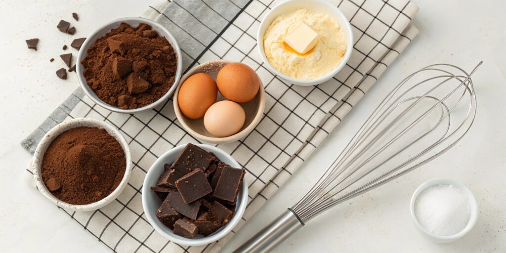 Essential brownie ingredients like cocoa powder, melted chocolate, and butter arranged on a kitchen counter.