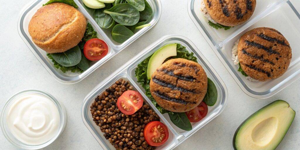 A top-down view of a meal prep setup featuring multiple containers filled with balanced, nutritious meals