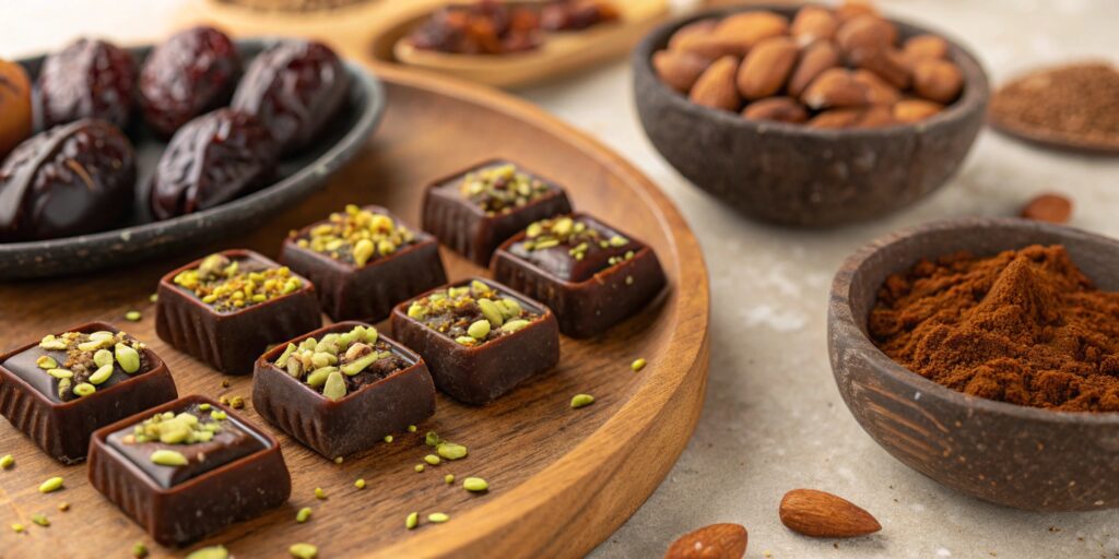 An elegant display of Dubai chocolates infused with dates, pistachios, and saffron, with bowls of cocoa beans and spices surrounding them