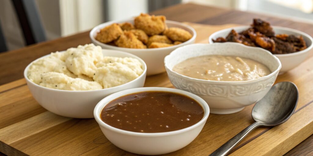 A wooden dinner table displaying three types of gravy—brown, white, and chocolate—alongside mashed potatoes, biscuits, and roasted meats