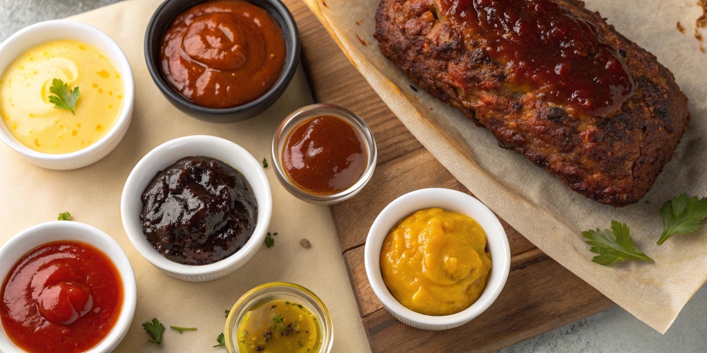 Different ketchup alternatives for meatloaf, including barbecue sauce, brown gravy, cheese sauce, and balsamic glaze, arranged around a cooked meatloaf on a rustic kitchen counter.