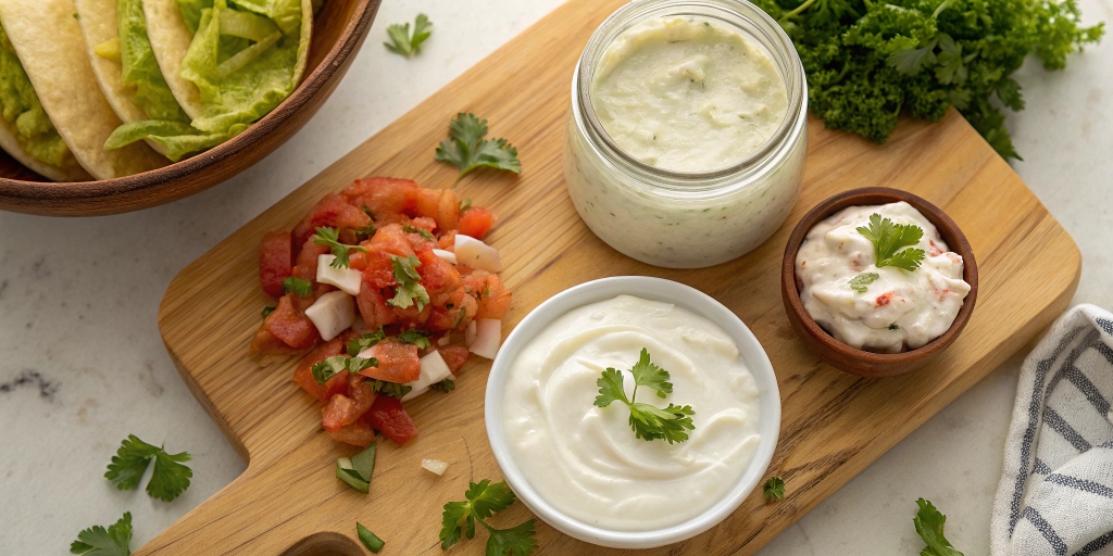 A wooden cutting board displaying sour cream substitutes like Greek yogurt, cashew cream, coconut yogurt, and silken tofu, surrounded by fresh taco ingredients.