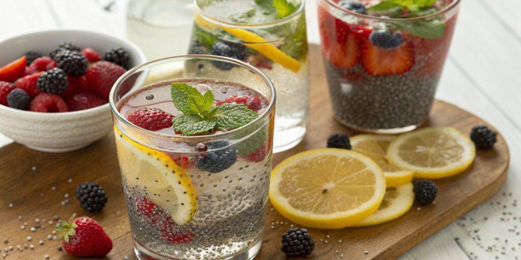 A variety of chia water drinks with fruit slices and herbs, displayed in glass jars on a rustic wooden surface.