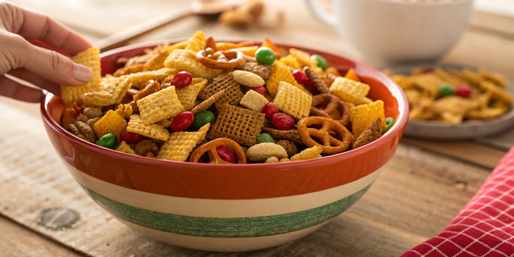 Bowl of homemade Chex Mix with pita chips and pretzels, with a hand reaching in to grab a bite.