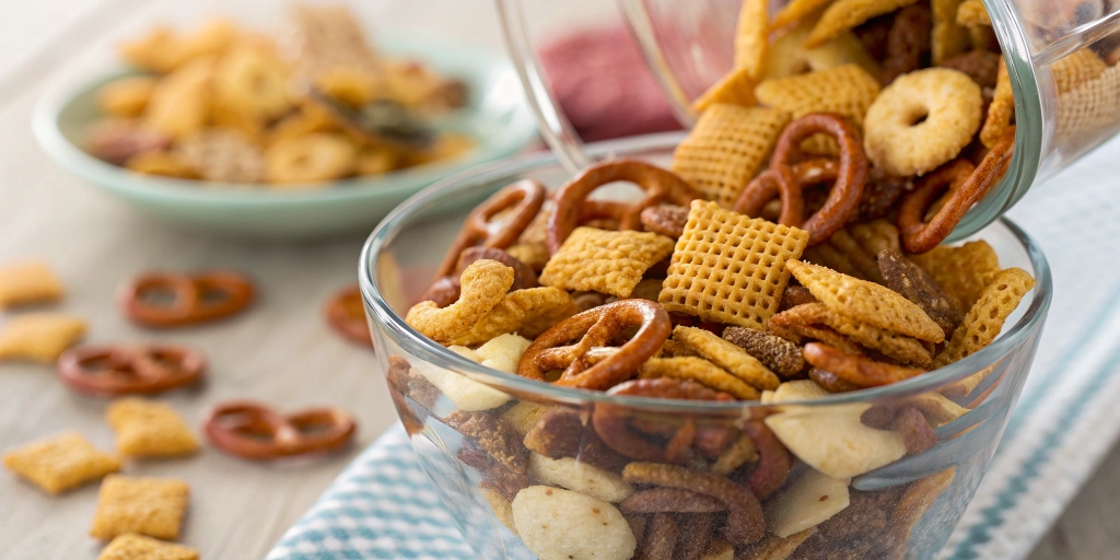 A bowl of store-bought Chex Mix being poured from a bag, showing crunchy cereal, pretzels, and bagel chips.