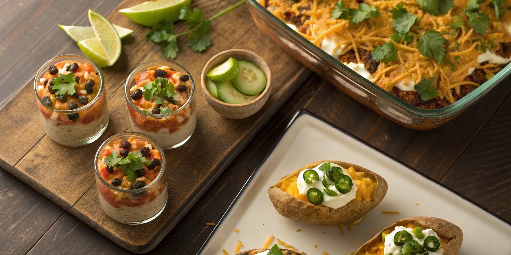 Creative serving ideas for taco dip, including mini individual cups, taco dip-stuffed baked potatoes, and a loaded nacho platter with fresh garnishes