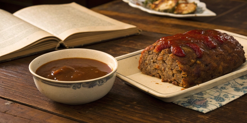A classic meatloaf in a vintage kitchen setting, with ketchup and gravy as traditional toppings.