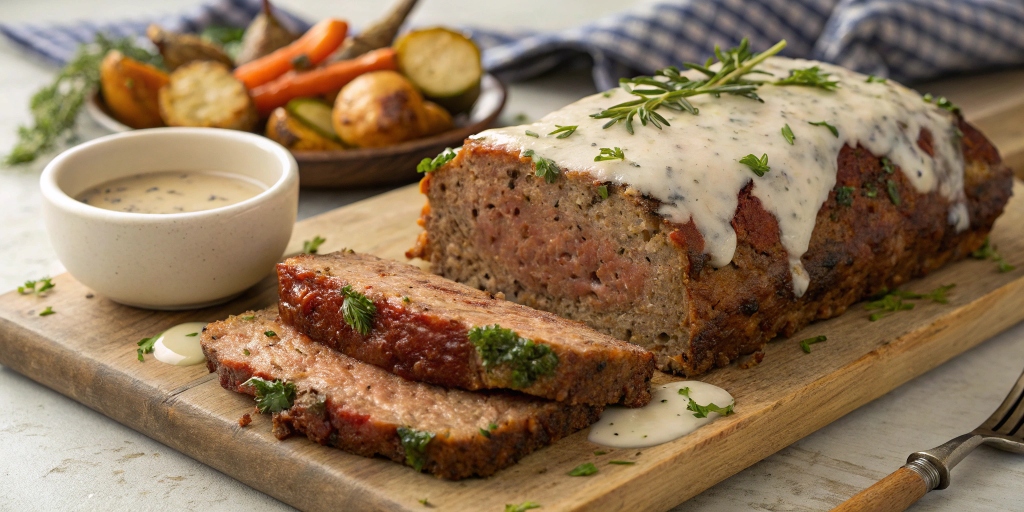 Tomato-free meatloaf topped with a creamy herb sauce, served with roasted vegetables and a small bowl of gravy on a rustic kitchen counter