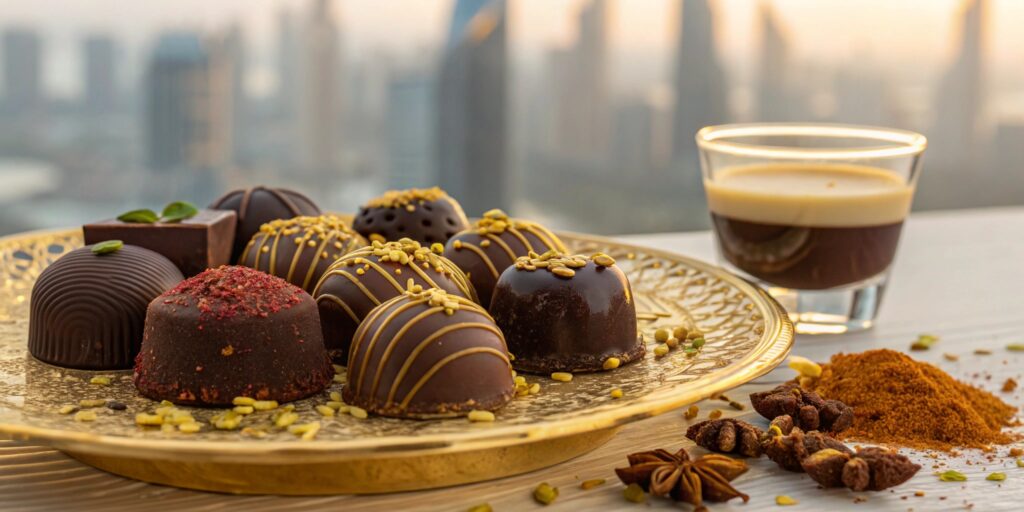 A selection of Dubai-style chocolates infused with saffron, pistachios, and rich cocoa, presented on an ornate golden plate with Arabic coffee